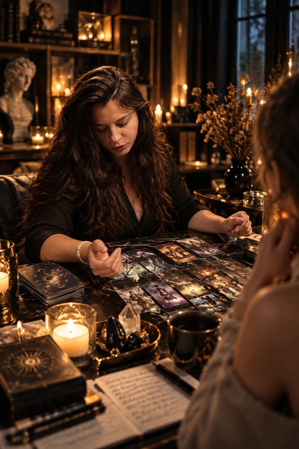 Tarot spread on a candlelit table